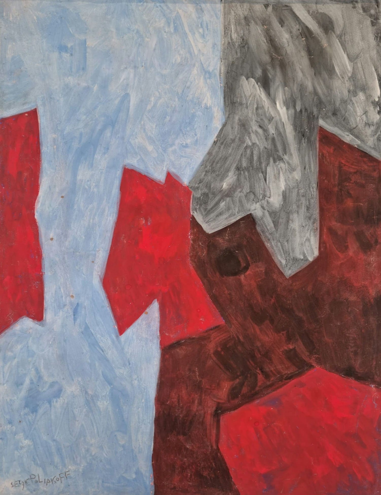 Abstract gouache by Serge Poliakoff created in 1960, composed of large geometric forms intertwined in deep shades of blue and red. This work from the School of Paris is distinguished by the balance of its composition, the intensity of its colors, and the richness of its texture, creating a visual harmony characteristic of the artist's abstract language.