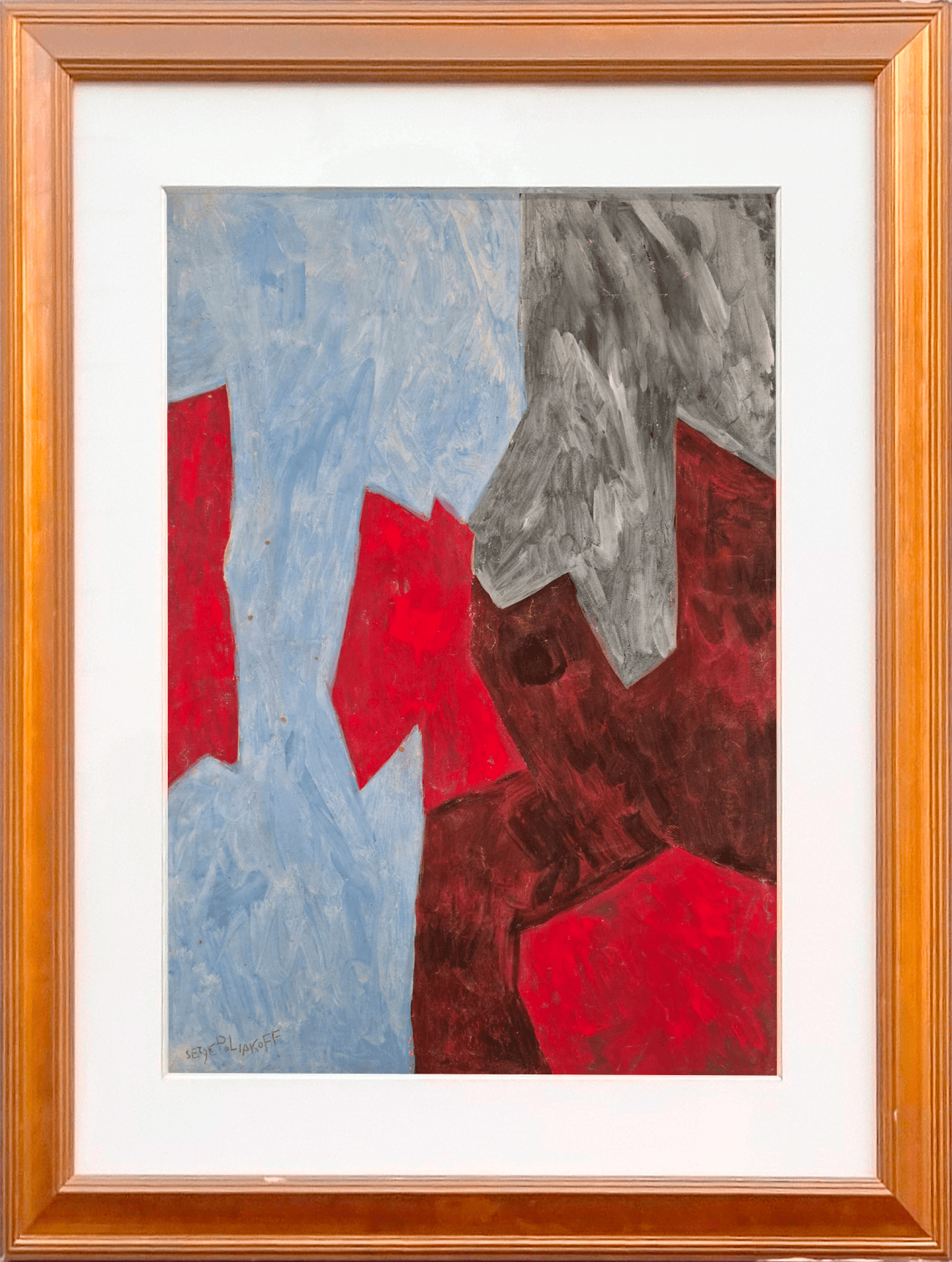 Blue and red abstract gouache by Serge Poliakoff, 1960, featuring interlocking colored forms and a harmonious composition typical of the artist's lyrical abstraction.