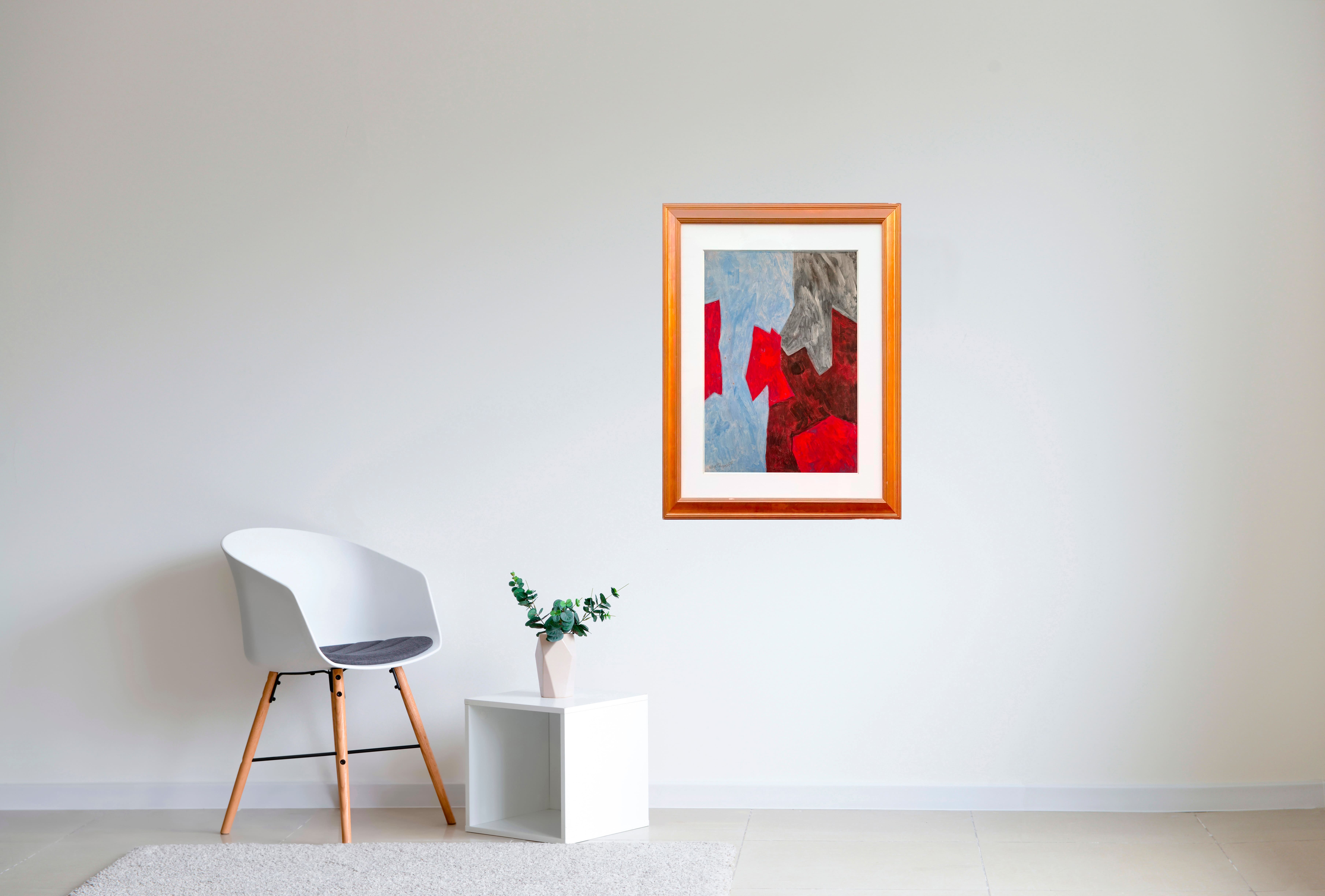 Blue and red abstract gouache by Serge Poliakoff, created in 1960, displayed in an elegant contemporary interior. The artist's iconic colored forms interact with the furniture and decor, illustrating the harmonious integration of a major work from the School of Paris into a private collection space.