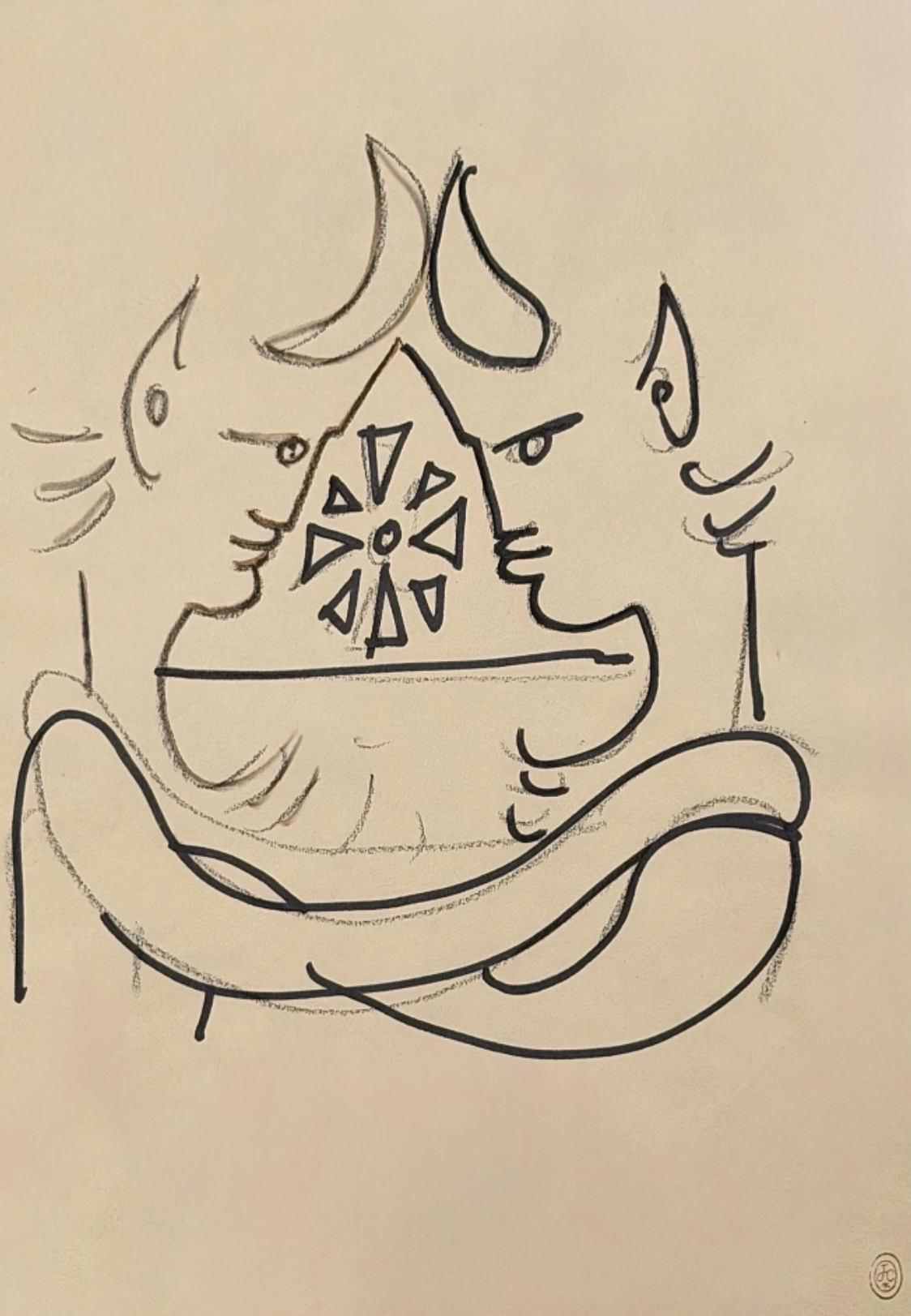 dessin original au feutre de Jean Cocteau représentant deux jeunes faunes face à la mer, aux lignes épurées et fluides caractéristiques de l'artiste. Cette composition poétique d'inspiration mythologique illustre l'élégance du trait continu de Cocteau, entre modernité, classicisme et imaginaire méditerranéen.