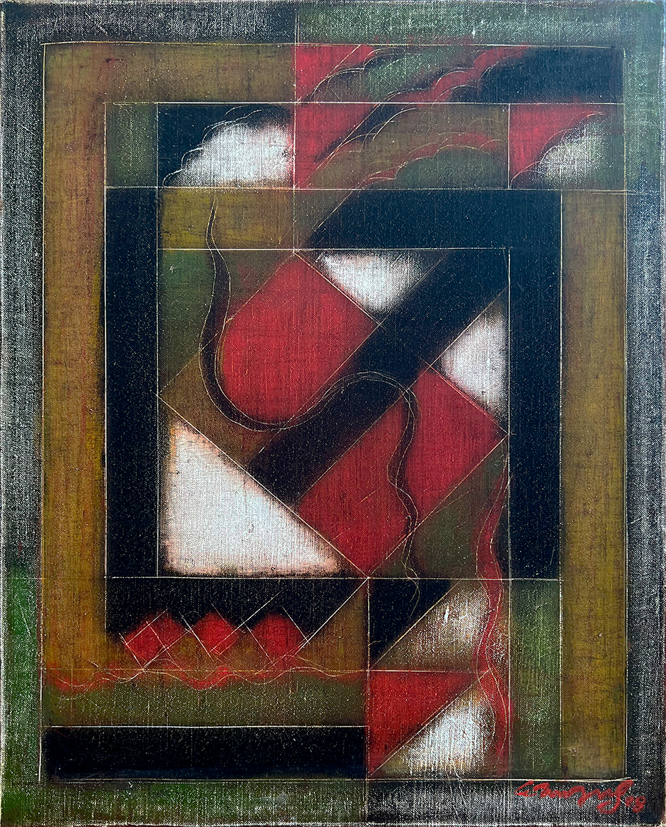 Peinture abstraite d’Akkitham Narayanan, maître de l’abstraction indienne contemporaine, aux compositions géométriques raffinées présentée par la Galerie AB Paris.