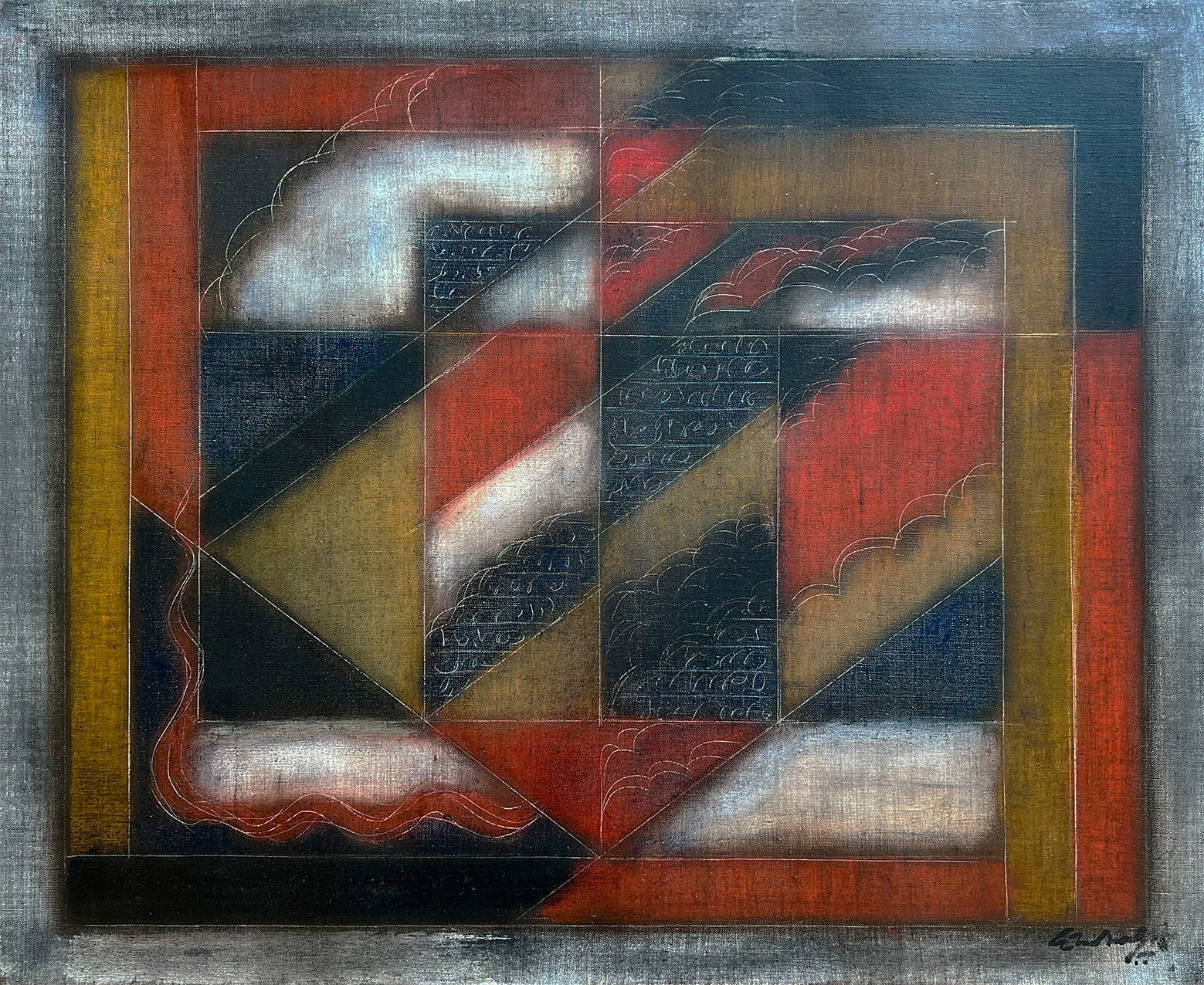Œuvre abstraite d’Akkitham Narayanan, artiste indien installé à Paris, composée de formes géométriques et de couleurs inspirées de la spiritualité et de la tradition artistique du Kerala.