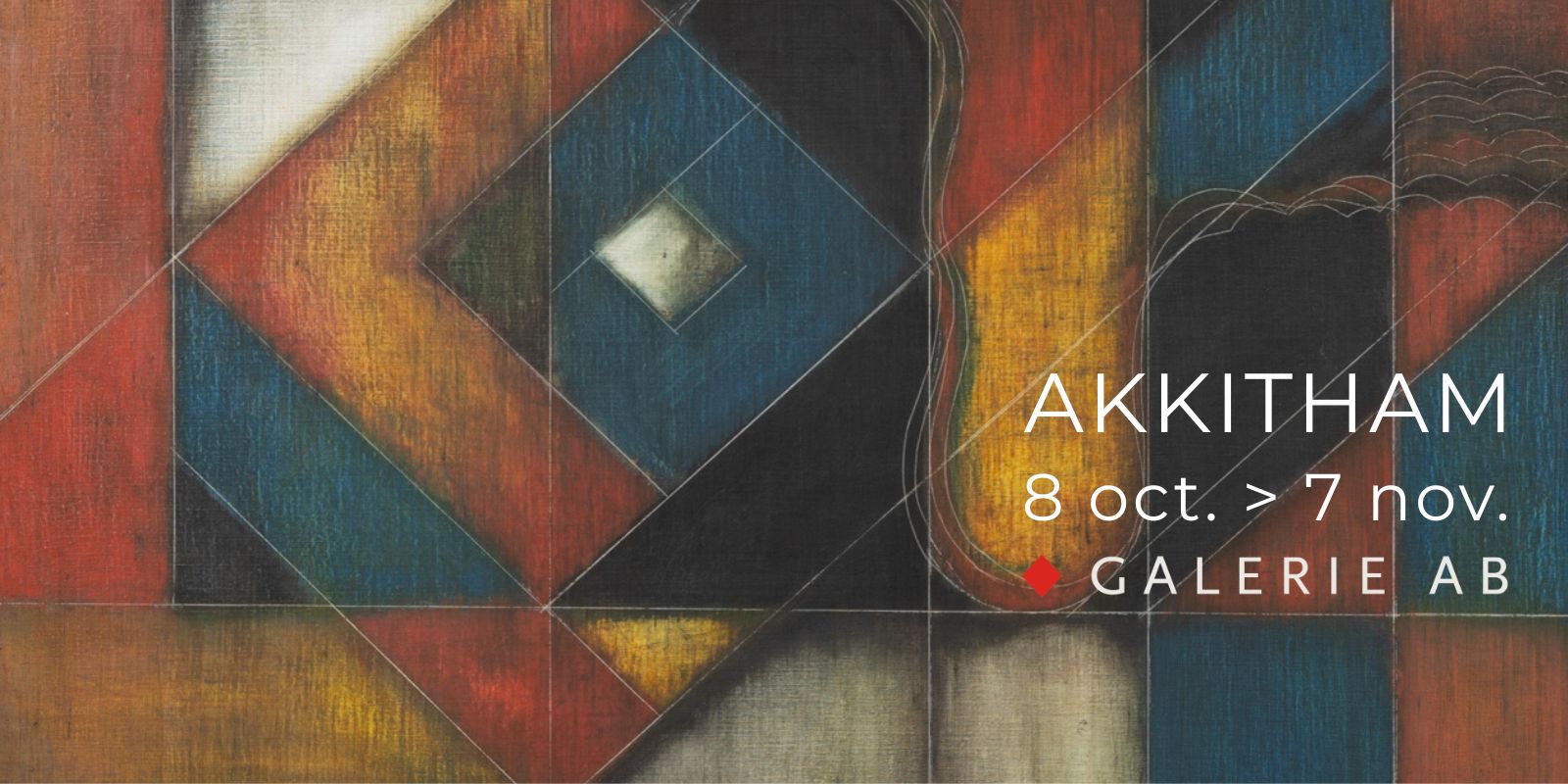 Banner featuring an exhibition by Akkitham Narayanan, an Indian painter living in Paris. The artwork showcases an abstract composition of triangles, circles, and squares in vibrant colors, evoking the tantric symbols of yantras.