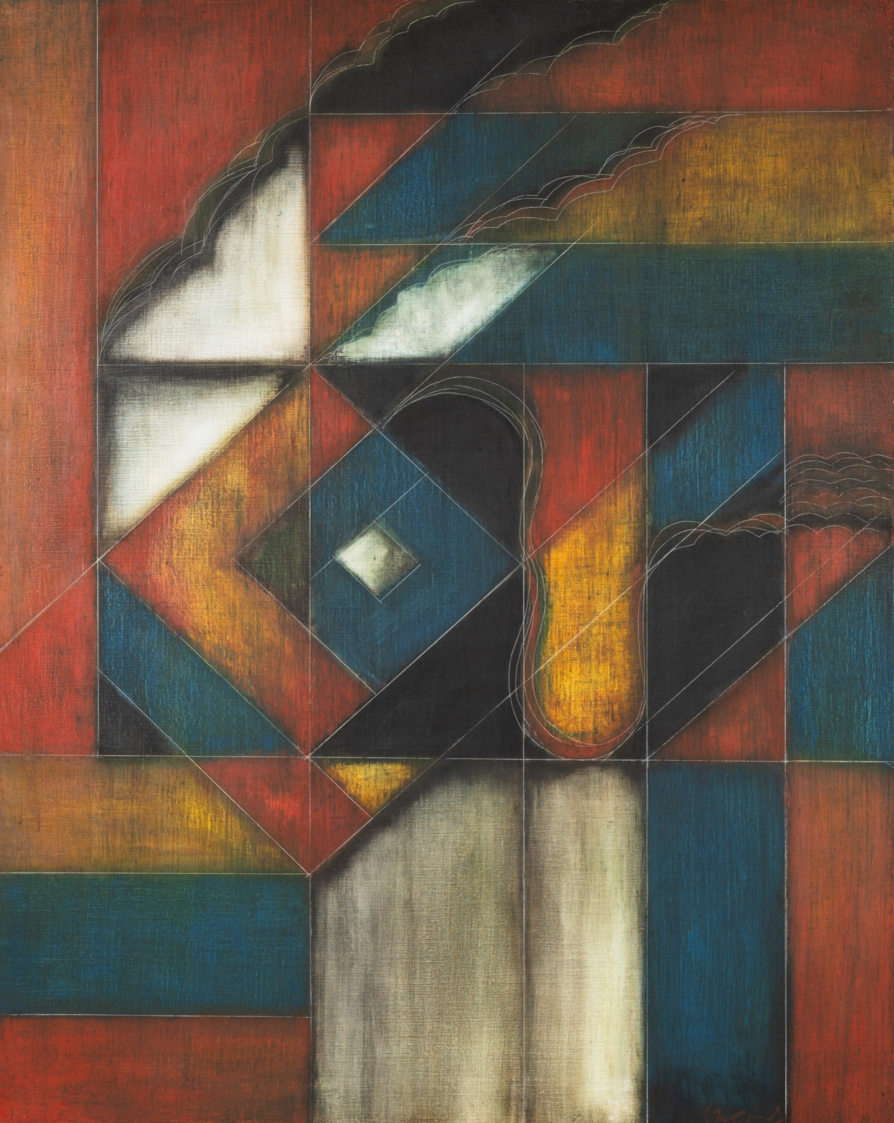 Composition (2023) by Akkitham Narayanan, an oil on canvas measuring 92.5 × 73 cm. This contemporary geometric abstract painting features a subtle dialogue between structured forms, graphic symbols, and chromatic nuances. The work continues the artist's exploration of geometric rigor, visual poetry, and color vibration. Inspired by Indian Tantric art and the traditional architecture of Kerala, this composition creates a meditative space that balances order, spirituality, and abstraction.