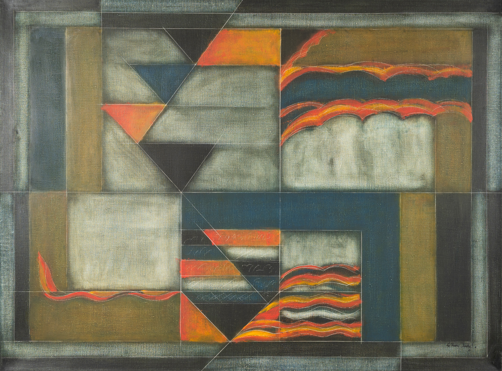 Composition (2019) d'Akkitham Narayanan, huile sur toile de 57 × 97 cm. Peinture abstraite géométrique où des formes architecturées, des lignes ondulatoires et des aplats de couleurs texturées s'équilibrent dans une composition horizontale. Inspirée de l'art tantrique indien et de l'abstraction contemporaine, l'œuvre associe géométrie, signes graphiques et harmonie chromatique, créant un espace méditatif où se rencontrent spiritualité, rythme et couleur. Les surfaces travaillées évoquent des fresques anciennes et des murs patinés par le temps.