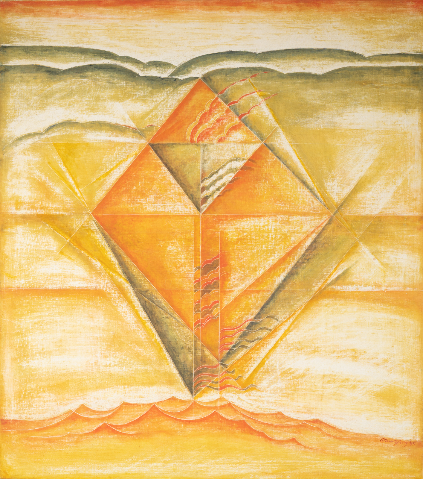 Composition (1995) d'Akkitham Narayanan, huile sur toile de 145 × 130 cm. Grande peinture abstraite géométrique où formes architecturées, lignes, carrés, triangles et aplats colorés s'organisent dans une composition monumentale. Inspirée de l'art tantrique indien et de l'abstraction géométrique, l'œuvre associe équilibre, rythme et profondeur chromatique. Les textures subtiles et les couleurs nuancées évoquent les fresques anciennes tout en créant un espace contemplatif où dialoguent géométrie, spiritualité et poésie visuelle.