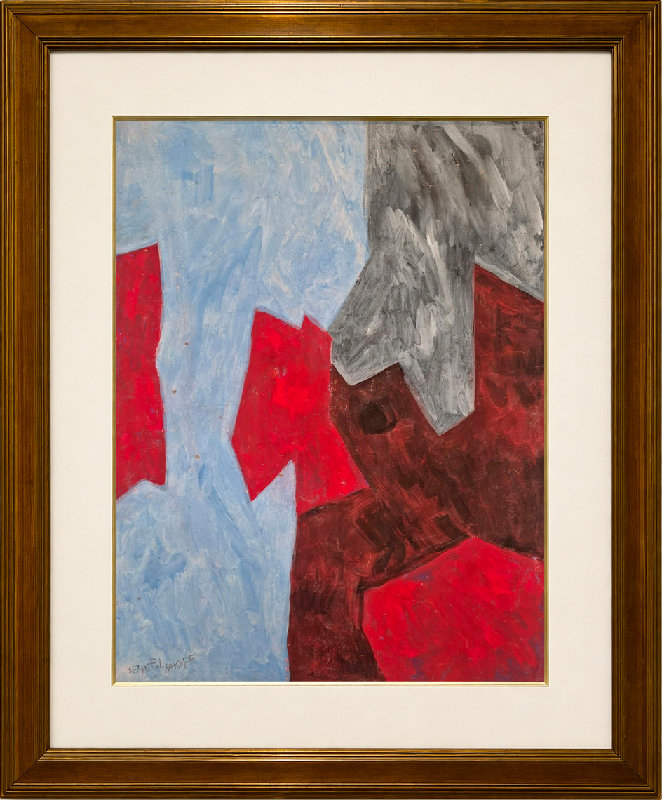Gouache abstraite bleue et rouge de Serge Poliakoff, 1960, présentant des formes colorées imbriquées et une composition harmonieuse typique de l'abstraction lyrique de l'artiste