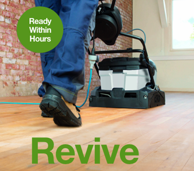Person operating a floor cleaning machine on a wooden floor with text 'Ready Within Hours' in a green circle and 'Revive' in green letters below.