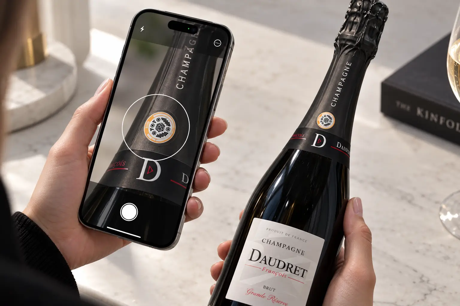 Smartphone capturing Cypheme Noise Print label on a wine bottle