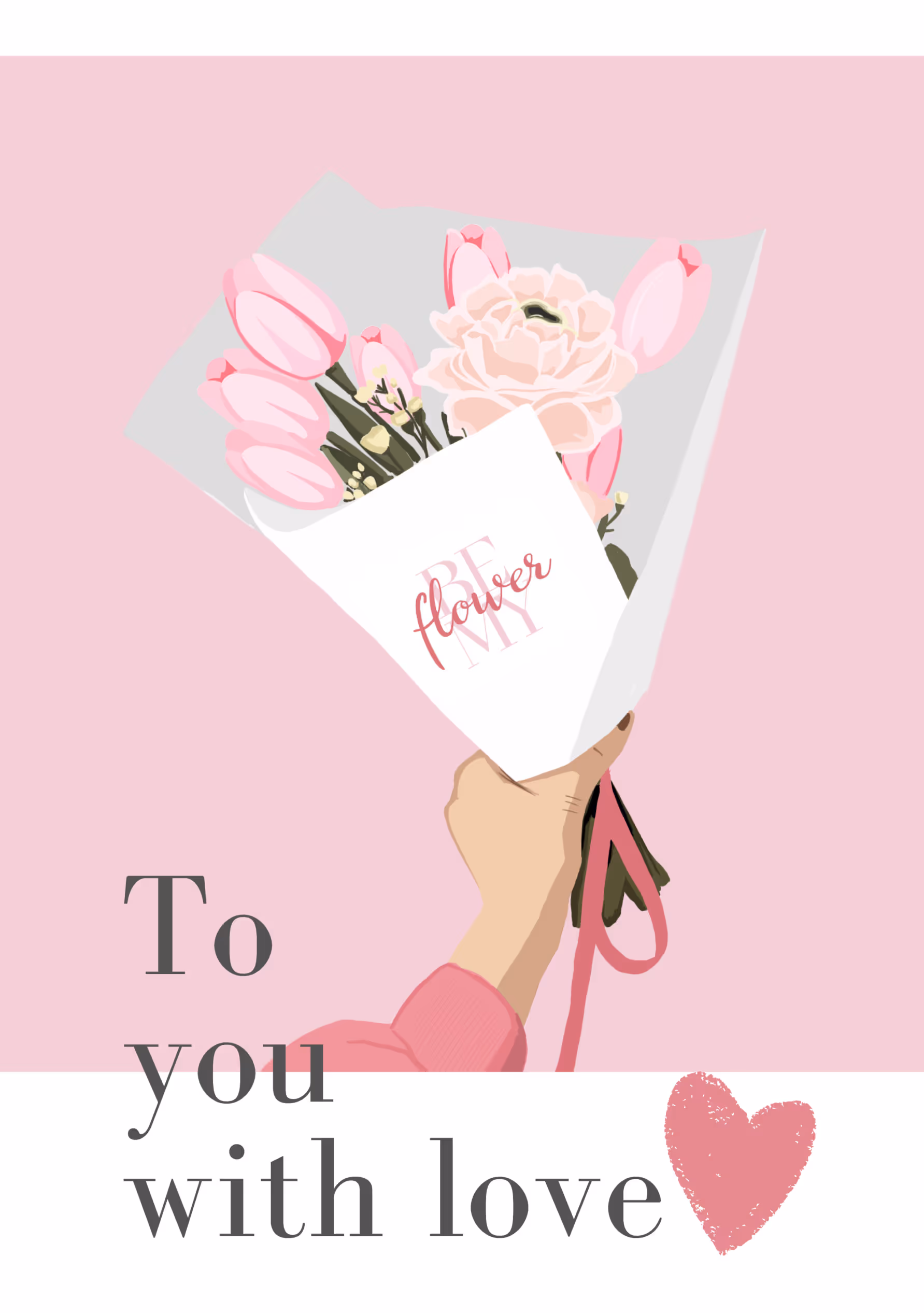 ilustracja bukietu w różowych tonach z napisem To you with love Be My Flower Wrocław – dodatek do bukietu z dostawą
