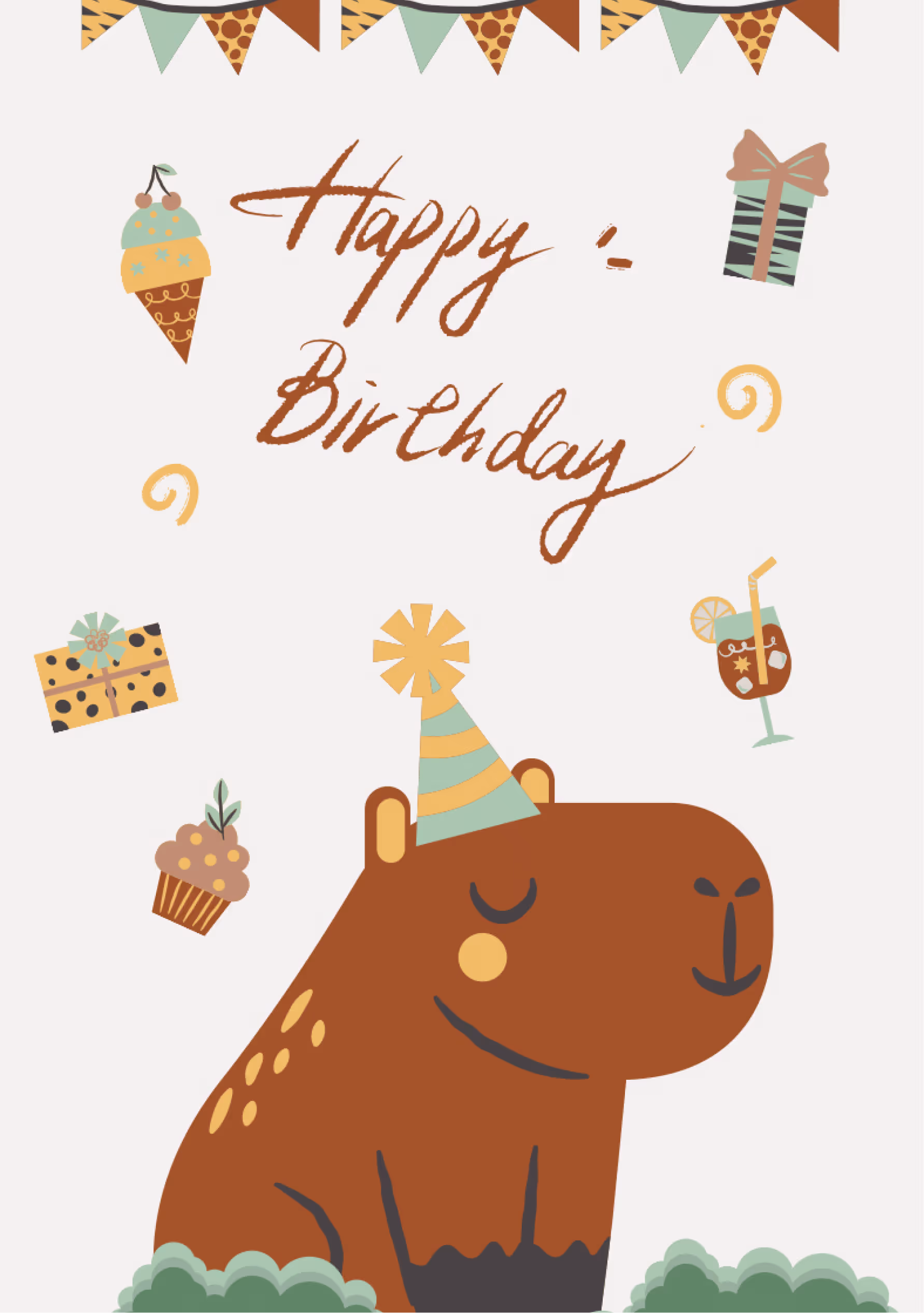 Kolorowa kartka urodzinowa z sympatycznym niedźwiadkiem, prezentami i konfetti. Doskonały wybór na dziecięce urodziny oraz dla osób, które kochają urocze ilustracje.