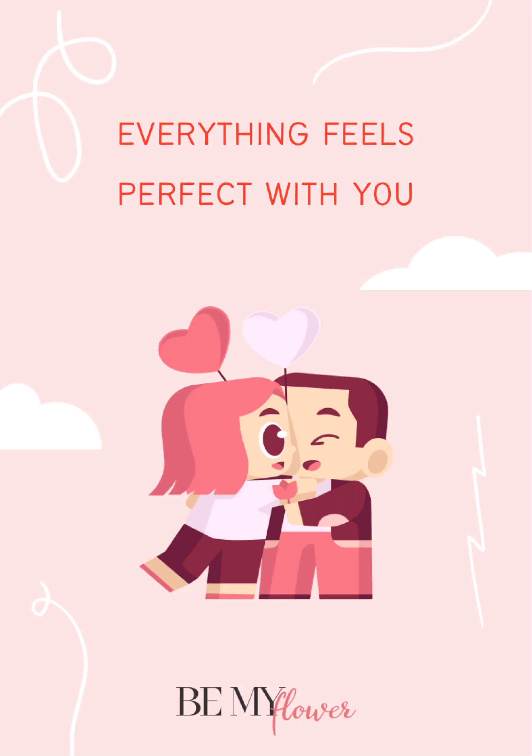 Urocza kartka „Everything feels perfect with you” z ilustracją zakochanej pary. Idealna na romantyczne okazje — rocznicę, Walentynki lub jako dodatek do kwiatów dla ukochanej osoby.
