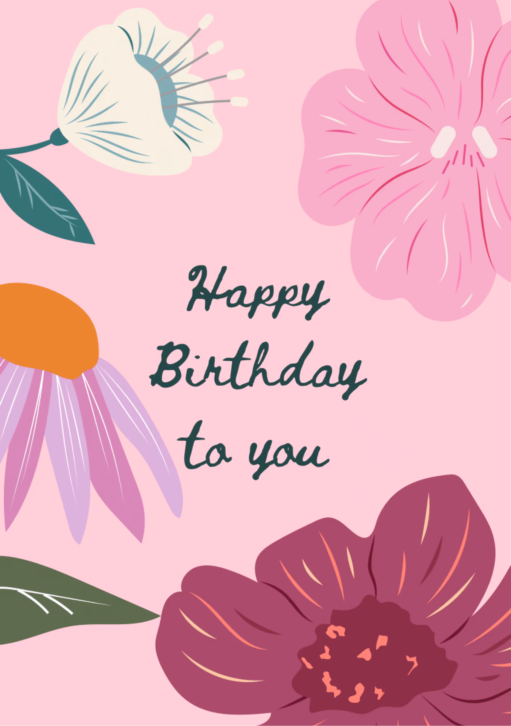 Stylowa kartka „Happy Birthday Floral” w różowych odcieniach. Idealna dla miłośników kwiatowych kompozycji. Dodaj ją do bukietu, aby stworzyć kompletny, elegancki prezent.