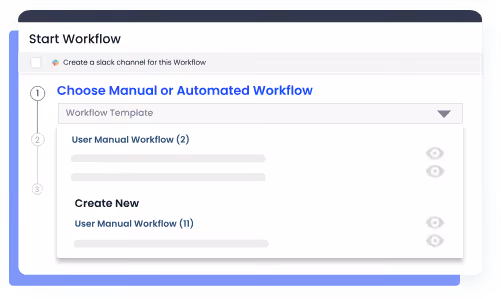 Start Workflow screen showing options to choose a manual or automated workflow, with existing user manual workflows listed and an option to create a new workflow template.