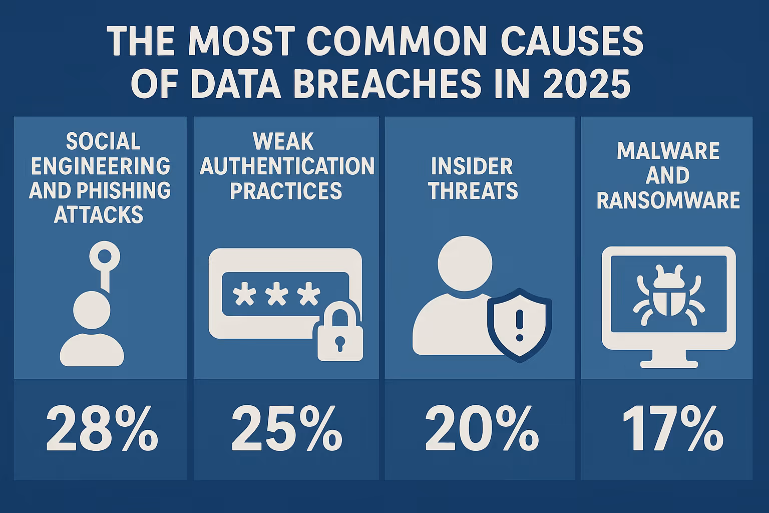 Infographic showing the most common causes of data breaches in 2025: social engineering and phishing (28%), weak authentication practices (25%), insider threats (20%), and malware and ransomware attacks (17%).
