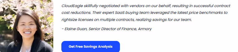 ServiceNow alternative tool's Customer testimonial highlighting how CloudEagle SaaS management software improved license optimization, vendor contract negotiations, and overall software spend reduction for Armory.