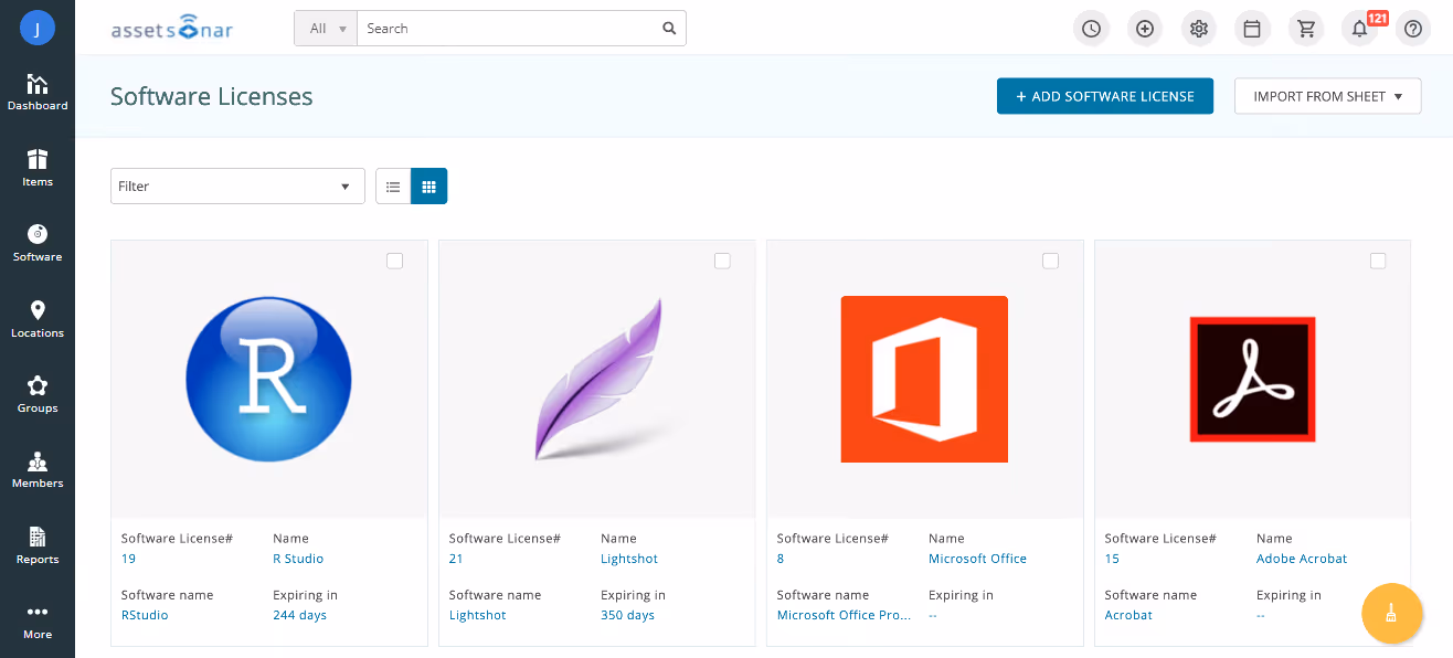 AssetSonar SaaS license manager layout
