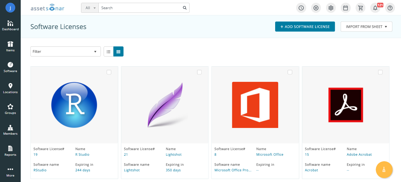 AssetSonar SaaS license manager layout