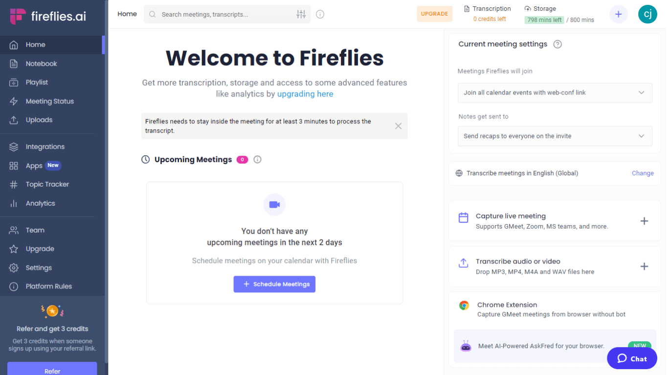 AI tools for productivity - Fireflies AI dashboard