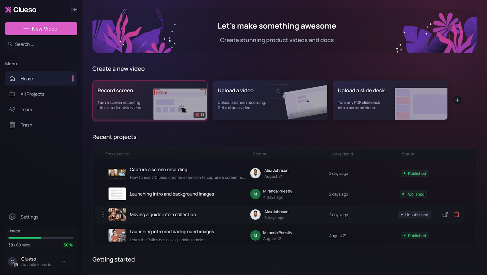 AI tools for productivity - Clueso dashboard
