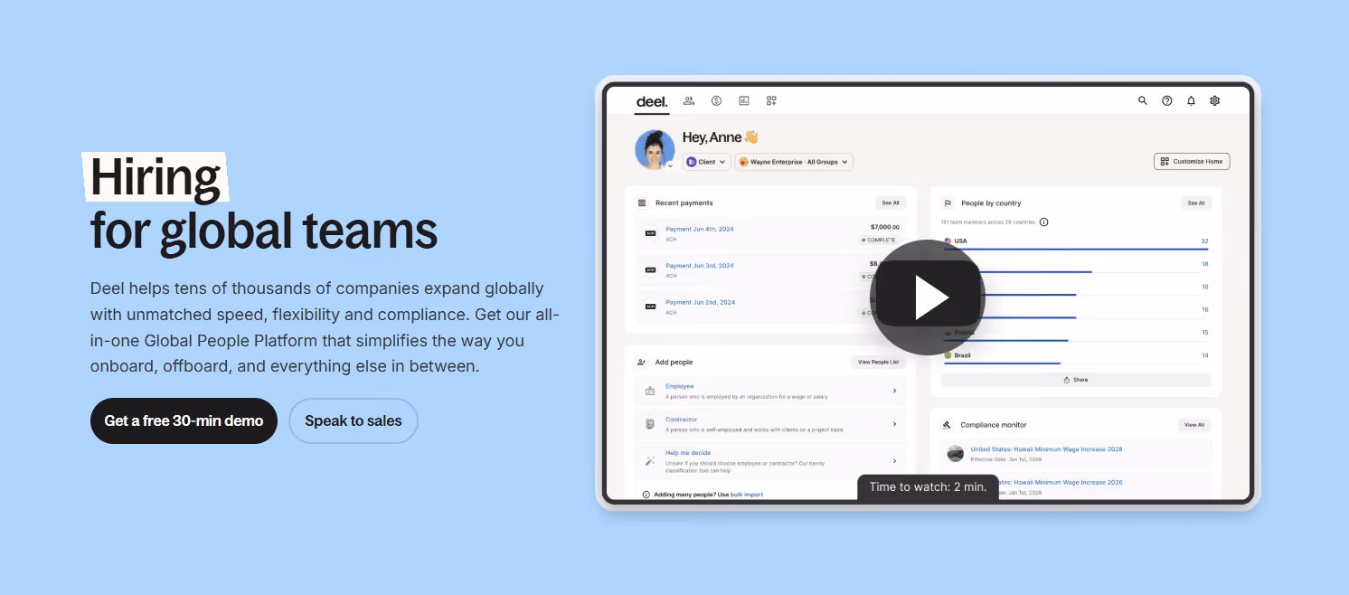 Deel employee onboarding software homepage showing global hiring platform with recent payments dashboard, people by country breakdown across 29 countries, and compliance monitoring.