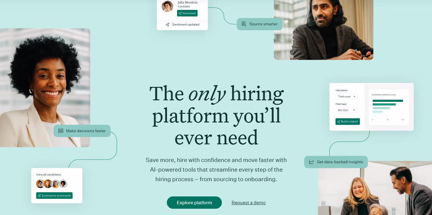 Greenhouse employee onboarding software homepage showing AI-powered hiring platform with candidate sourcing, scorecard summarization, and data-backed recruiting insights.