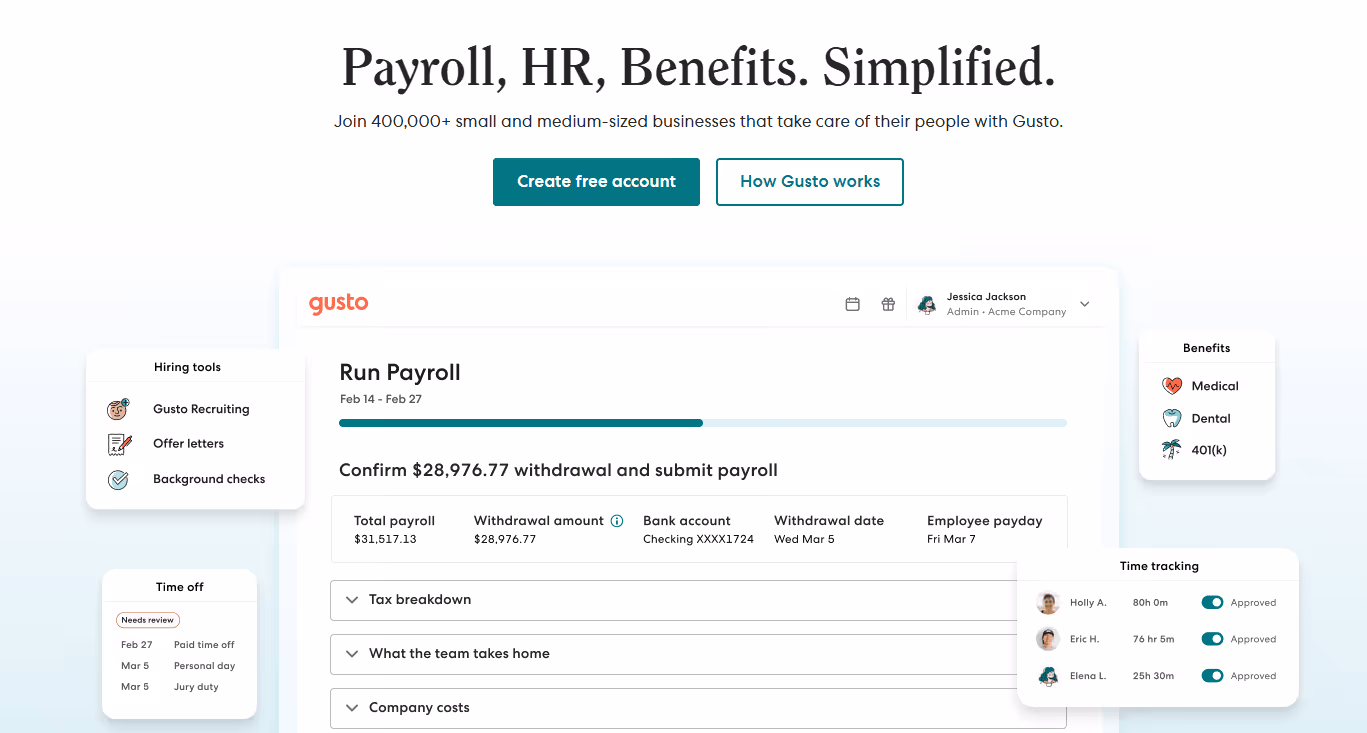 Gusto employee onboarding software showing payroll dashboard with $28,976.77 withdrawal confirmation, hiring tools including offer letters and background checks, benefits management, and time tracking.