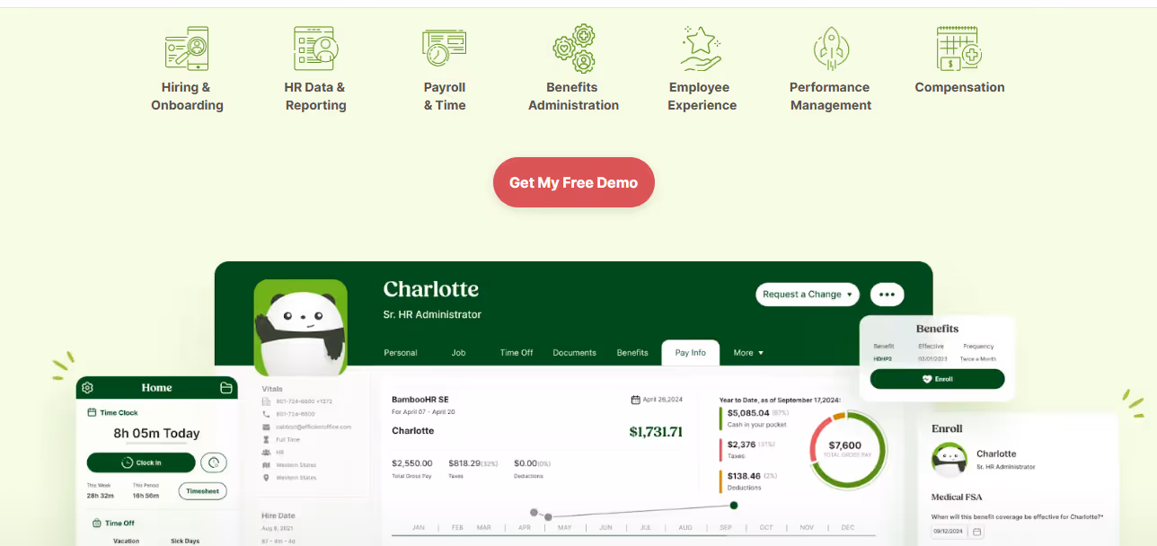 BambooHR employee onboarding software showing HR features including hiring and onboarding, payroll and time, benefits administration, performance management, and an employee pay info dashboard.
