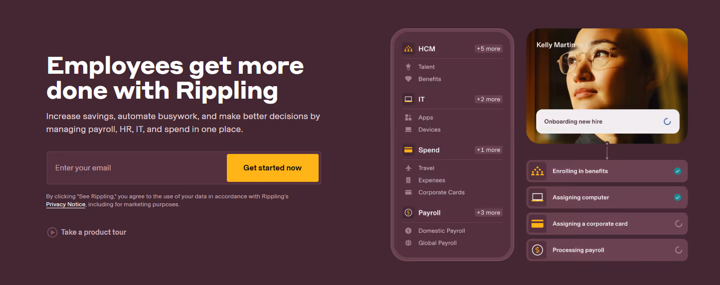 Rippling employee onboarding software homepage showing unified platform for HCM, IT, spend, and payroll management with automated new hire onboarding workflow including benefits enrollment and computer assignment.