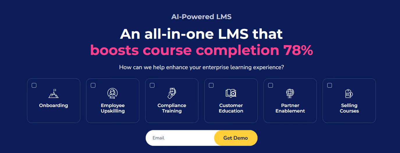 AI-powered LMS employee onboarding software homepage showing all-in-one learning management system that boosts course completion by 78%, covering onboarding, employee upskilling, compliance training, and customer education.