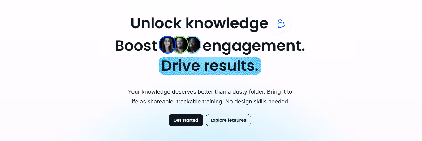 Trainual employee onboarding software homepage highlighting knowledge sharing, employee engagement, and trackable training content creation without design skills.