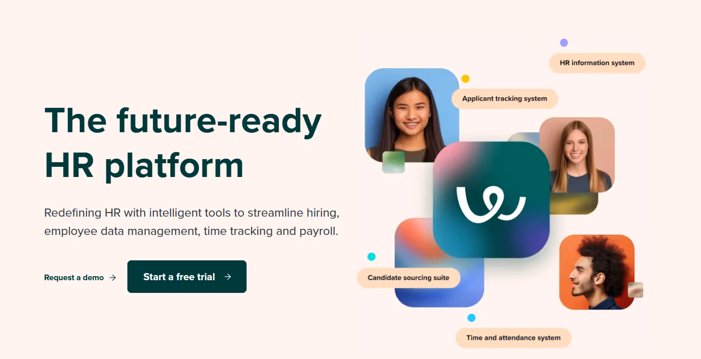 Workable employee onboarding software homepage showing future-ready HR platform with applicant tracking, candidate sourcing, HR information system, and time and attendance features.