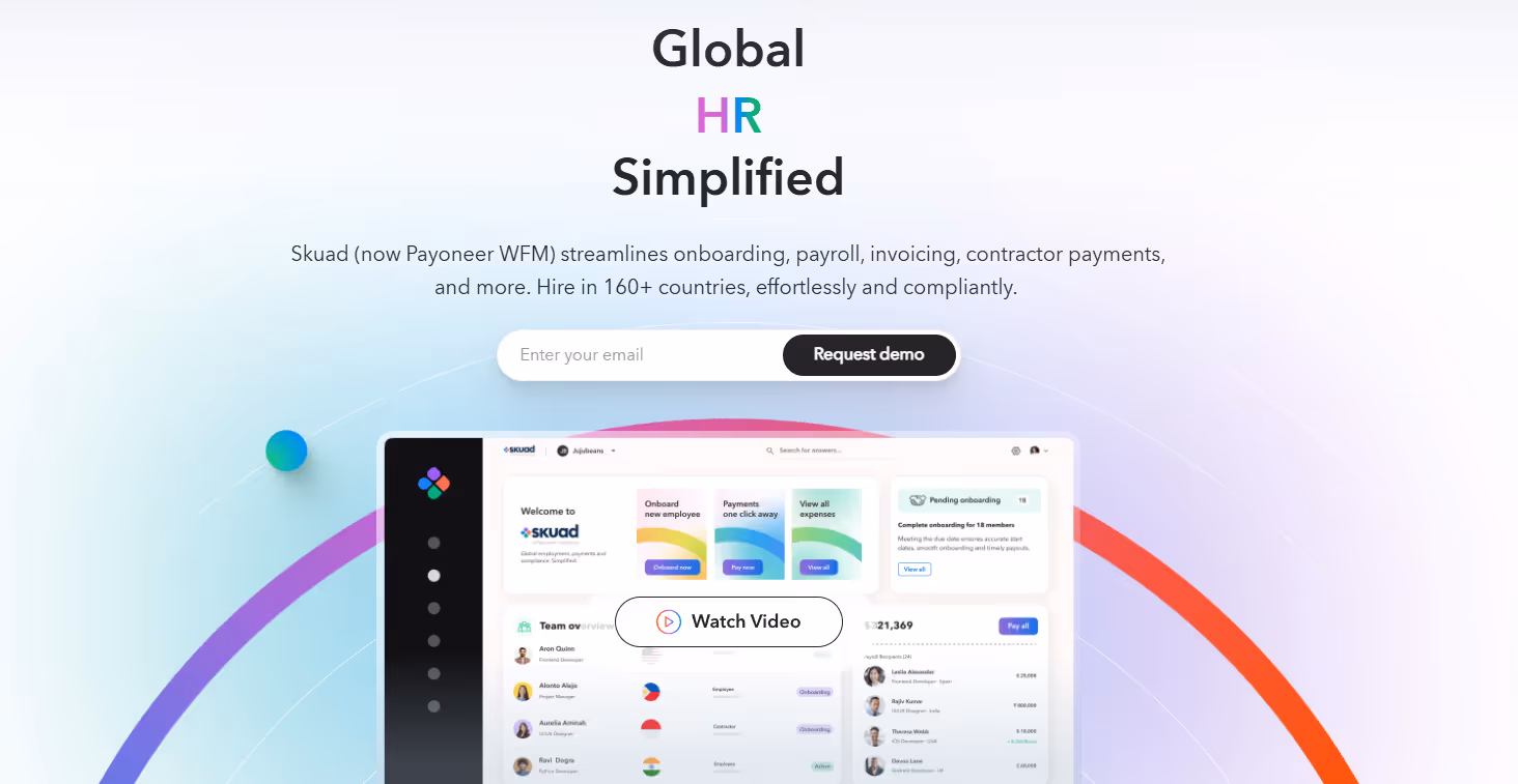 Skuad employee onboarding software homepage showing global HR platform for onboarding, payroll, and contractor payments across 160+ countries with team overview dashboard.