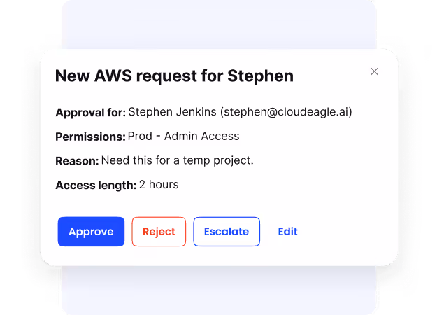 ITGC audit access control tool showing a new AWS request for Stephen Jenkins with Prod Admin Access permissions for a temp project, with Approve, Reject, Escalate, and Edit options.
