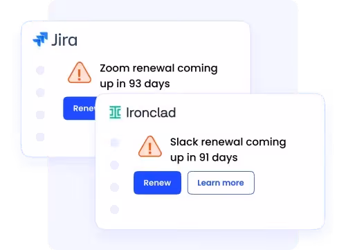 Two overlapping renewal alert cards: a Jira card warning that Zoom renewal is coming up in 93 days with a Renew button, and an Ironclad card warning that Slack renewal is coming up in 91 days with Renew and Learn more buttons.