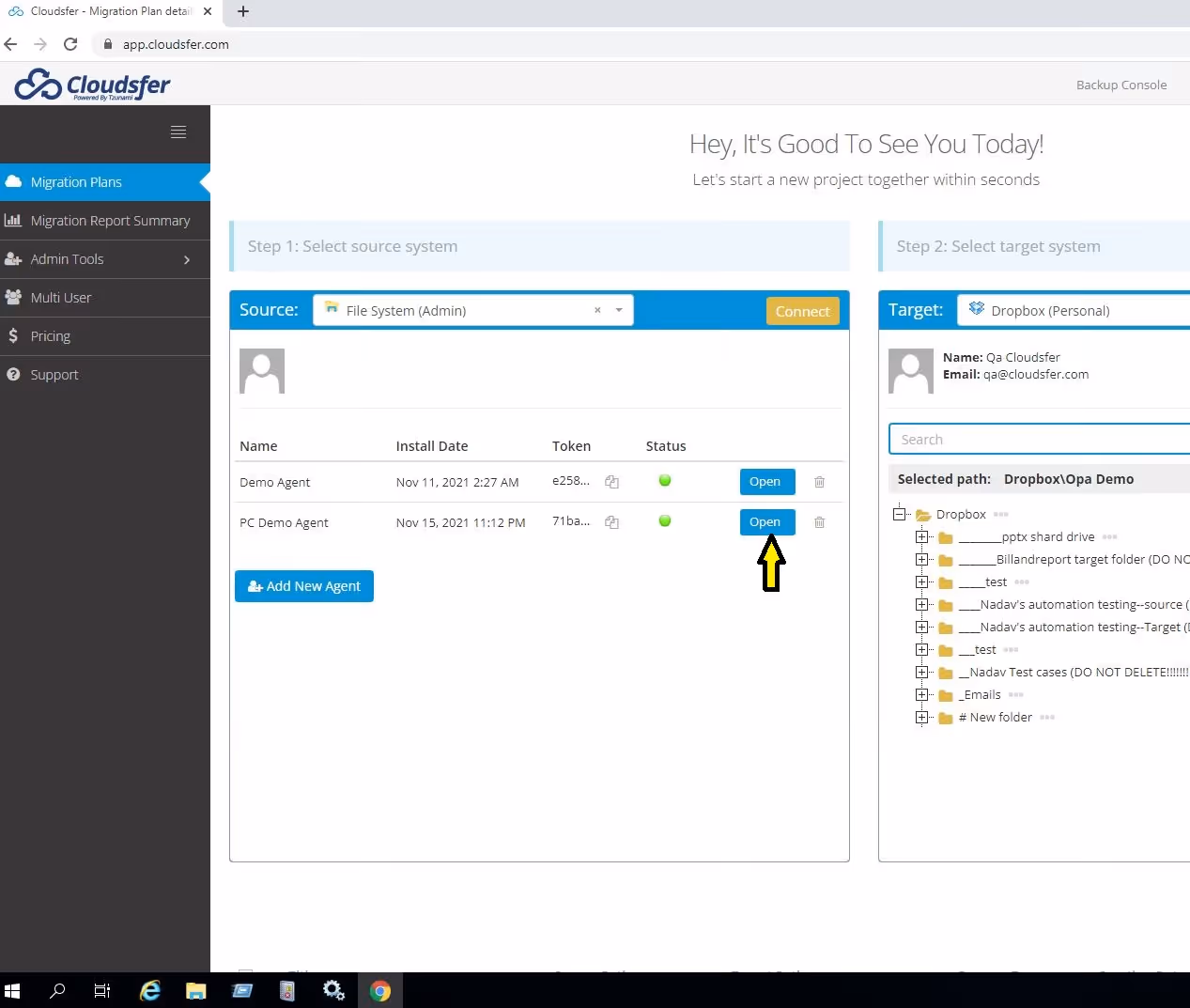Cloud Migration Tools Cloudsfer dashboard
