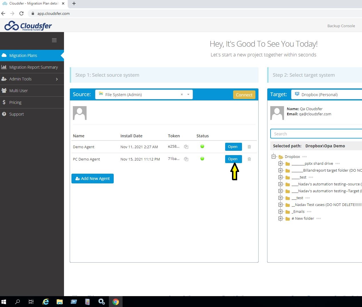 Cloud Migration Tools Cloudsfer dashboard