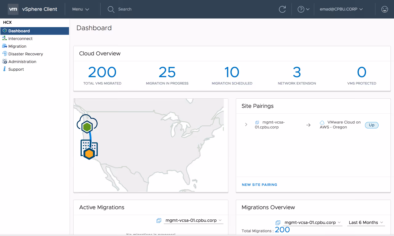Cloud Migration Tools VMWare HCX dashboard
