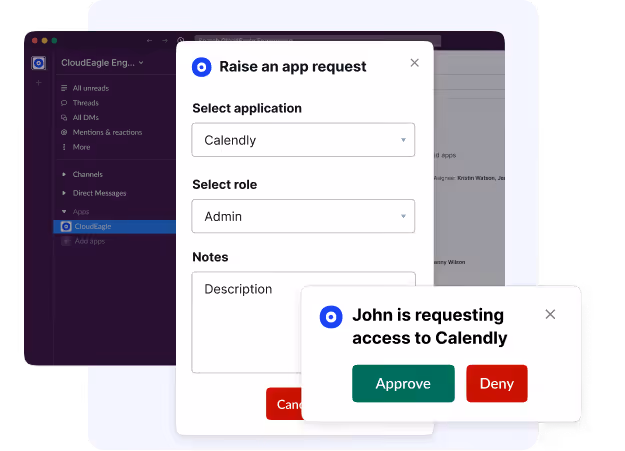 Slack app request workflow showing a user requesting Calendly access with approve or deny options.