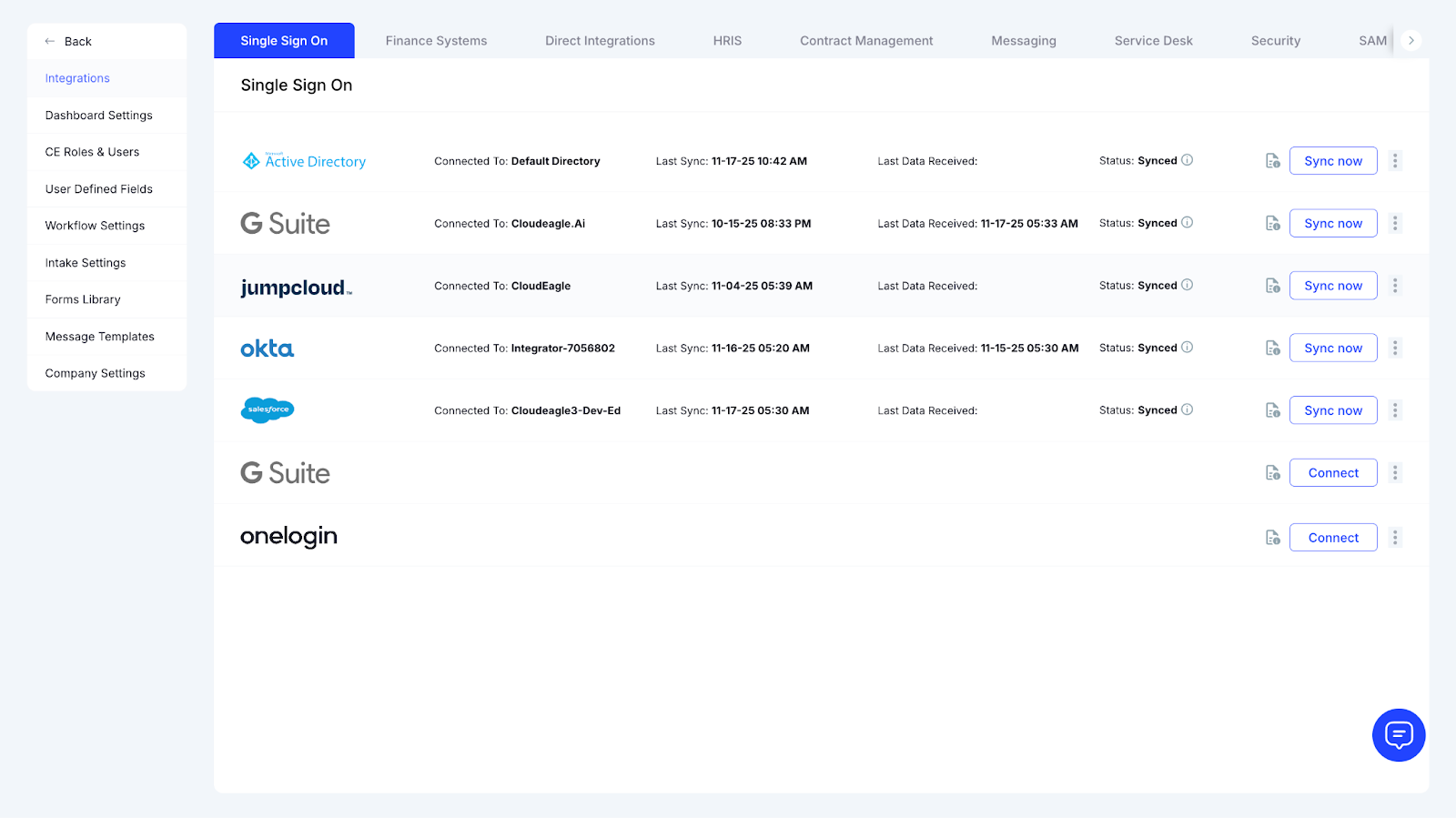 Single Sign-On integrations page showing Active Directory, G Suite, JumpCloud, Okta, and Salesforce sync status