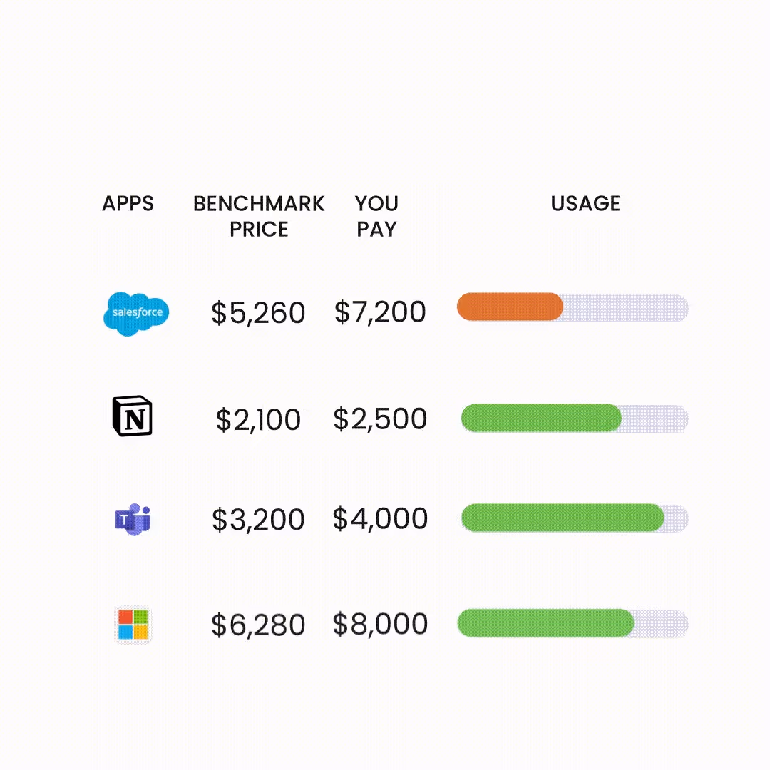 Animated comparison of benchmark price versus actual price paid for apps like Salesforce, Notion, Teams, and Microsoft, with usage bars.