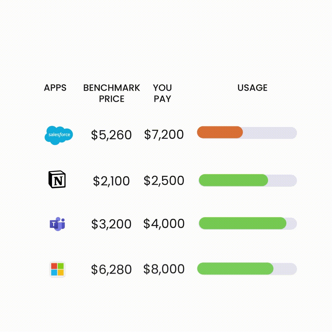 Animated comparison of benchmark price versus actual price paid for apps like Salesforce, Notion, Teams, and Microsoft, with usage bars.