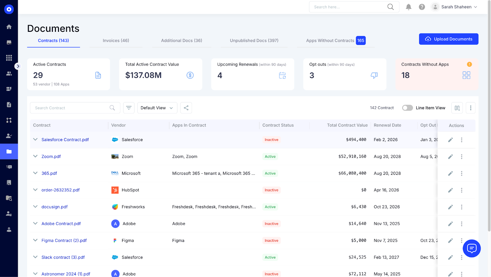 CloudEagle contracts dashboard showing active contracts, total contract value, renewals, opt-outs, and a list of vendor contracts with statuses and values.