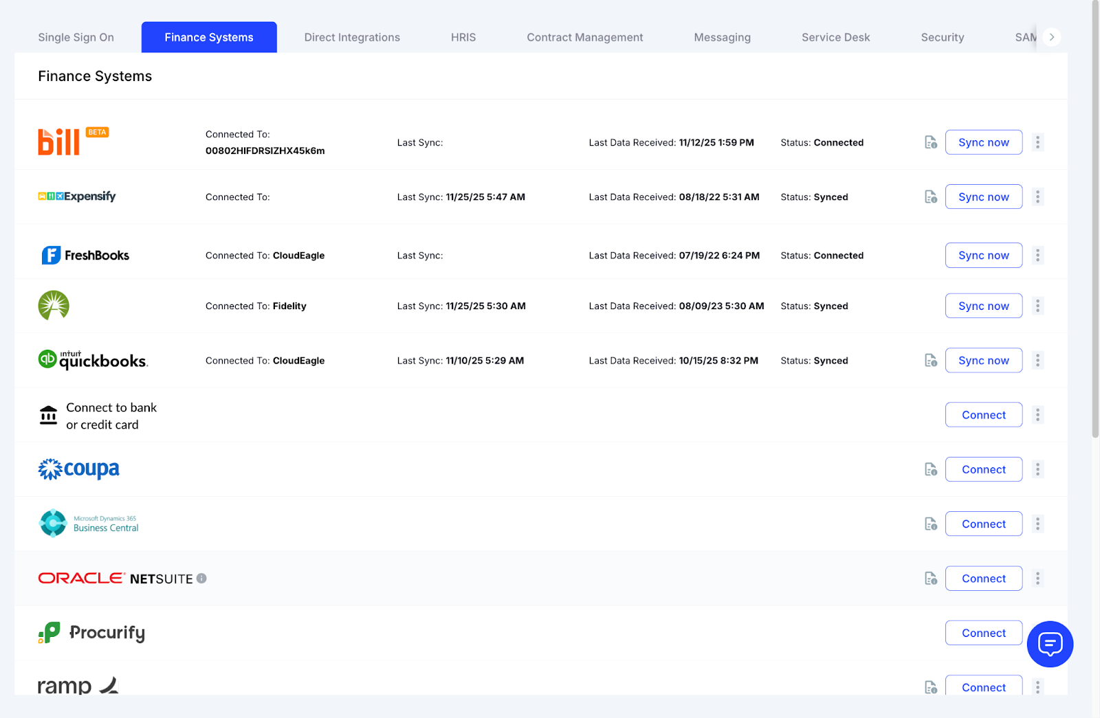CloudEagle finance systems dashboard showing connected apps like Bill, Expensify, FreshBooks, Fidelity, and QuickBooks with sync status and connection options.