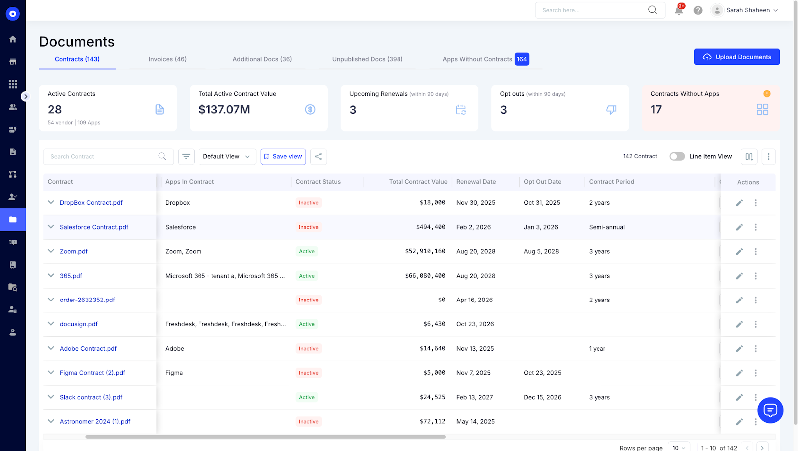 CloudEagle contracts dashboard showing active contracts, total contract value, renewals, opt-outs, and a list of vendor contracts with statuses and values