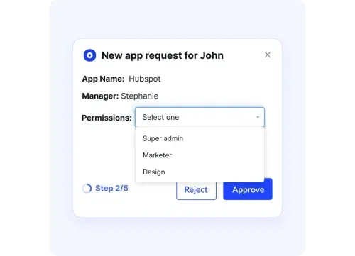 CloudEagle workflow popup showing new app request for John with selectable permission roles for HubSpot.