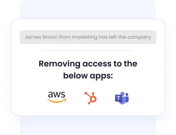 CloudEagle automatically removing access to AWS, HubSpot, and Microsoft Teams when James Brown from marketing leaves the company