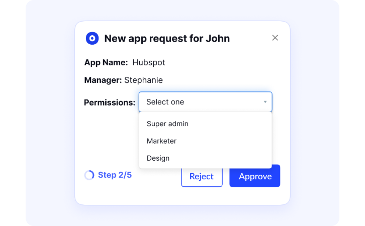 CISO enterprise tool showing new app request workflow for HubSpot with permission level selection and approve or reject controls at step 2 of 5.
