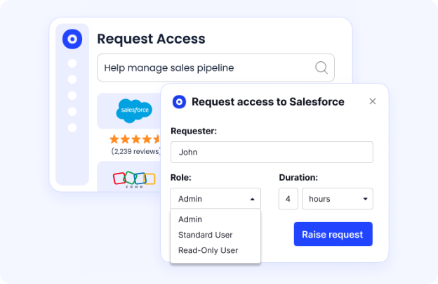 CAIO AI adoption platform showing access request workflow for Salesforce with role selection including Admin, Standard User, and Read-Only User, and configurable access duration.