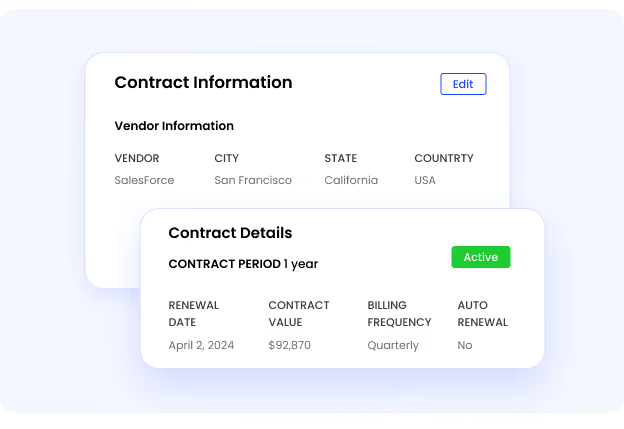 SaaS agreement checklist tool showing Salesforce contract information with vendor details, $92,870 contract value, quarterly billing, and April 2024 renewal date.